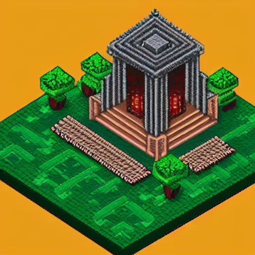 Prompt: a pixelart scene of an isometric jungle temple