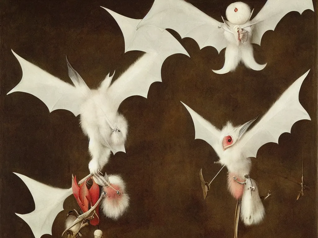 Image similar to beautiful exotic white fluffy bat, long antennae, pink eye. Painting by Jan van Eyck, Bosch, Audubon, Rene Magritte, Agnes Pelton, Max Ernst, Walton Ford