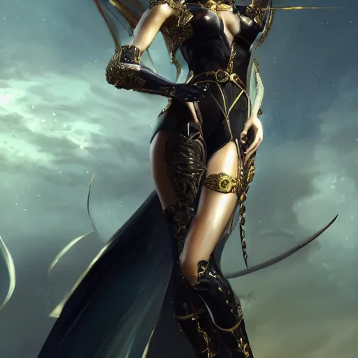 Image similar to bayonetta, posing heroically, heavenly, full body close-up shot, elegant, realistic character concept, high fantasy, light atmosphere, golden ratio, cinematic lighting, hyperdetailed, high resolution, insanely detailed and intricate, artstation, Marc Simonetti, Greg Rutkowski, octane render, 8k