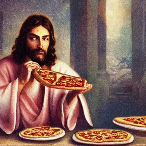 Image similar to Jesus eating pizza