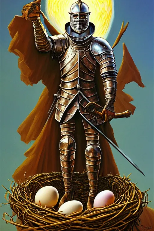 Prompt: classic oil painting, a medieval fantasy knight standing on a big empty bird nest, as a dnd character, surrounded by broken egg shells, cottagecore, highly detailed, digital illustration, concept art, smooth, sharp focus, art by tim hildebrandt, and alex grey