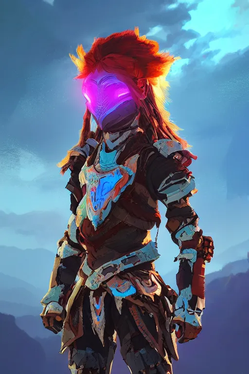 Image similar to combination suit armor aloy horizon forbidden west horizon zero dawn radiating a glowing aura global illumination ray tracing hdr fanart arstation by ian pesty and alena aenami artworks in 4 k tribal robot ninja mask helmet backpack