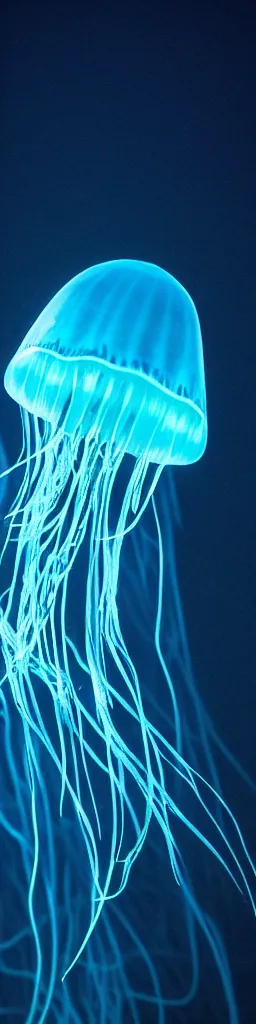 Prompt: a deep sea translucent bioluminescent jellyfish glowing indigo, black backgroud, hyperrealistic, extremely detailed, 8 k underwater photography