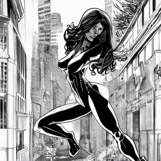 Image similar to awesome drawing of mary jane watson as spider girl, realistic, comic, by mike deodato