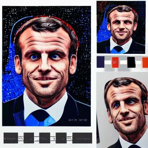 Image similar to mosaic portrait of Emmanuel macron with robot ears, 4k, intricate details, digital, moon in the background