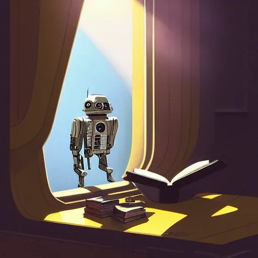 Image similar to digital painting of a droid robot reading a book, concept art, by Ralph mcquarrie, sunlight pouring through window, large scale, high detail, futuristic, godrays, volumetric lighting, warm lighting