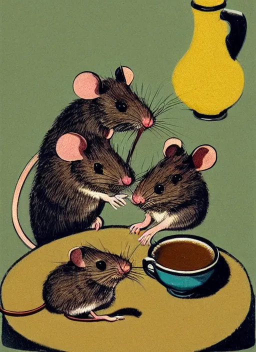 Prompt: an extreme close - up portrait of a mouse family drinking tea, samovar, by billy childish, thick visible brush strokes, shadowy landscape painting in the background by beal gifford, vintage postcard illustration, minimalist cover art by mitchell hooks