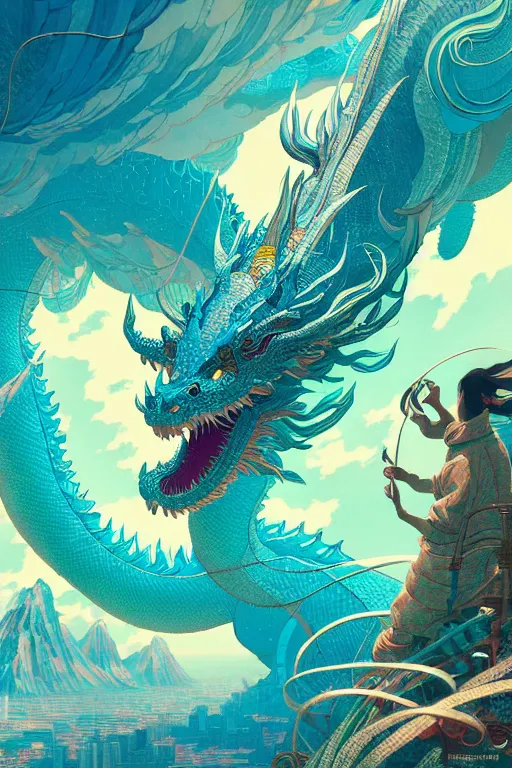 Prompt: a beautiful hyperdetailed design 4 k wallpaper illustration of a huge cyan dragon, victo ngai style, from china, style of studio ghibli, makoto shinkai, raphael lacoste, louis comfort tiffany, denoise, deblurring, artgerm, xision, james jean, ross tran, chinese style