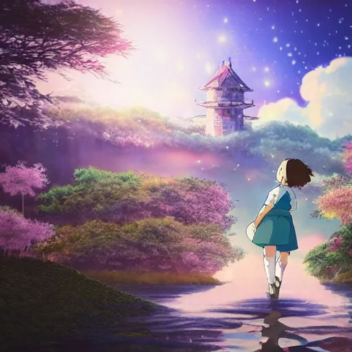 Image similar to in studio ghibli, moving castle, photo hyperrealistic, 3 d render, unreal, forest with detail, 8 years old little girl, dreaming with beautiful sky, aurora, supernova