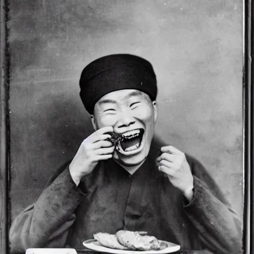 Image similar to a photo of a ecstatic man from qing empire eating a hamburger, award winning photo, high quality