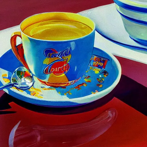 Image similar to cup of yogurt on table foreground, intricate detail, 8k optane render, background has a blue sky, optimistic colors, background by Robert McCall, solarpunk