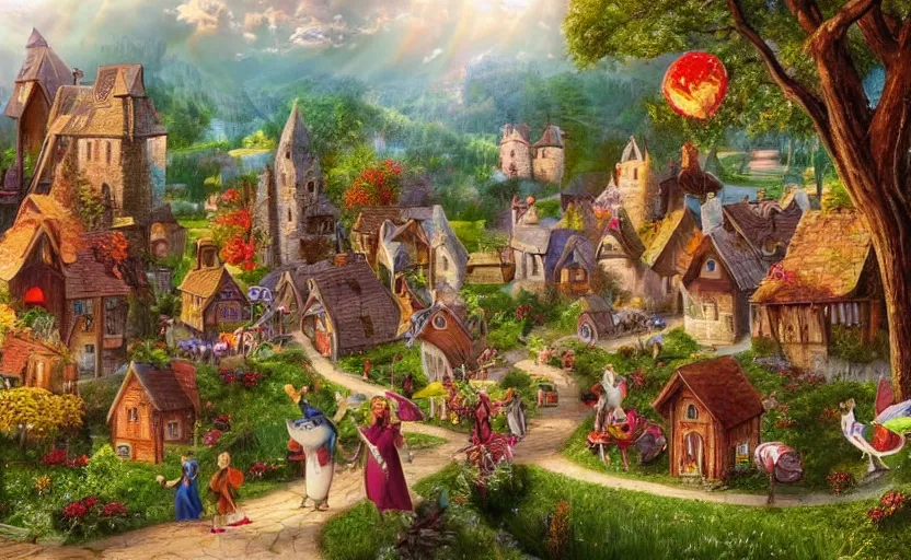 Prompt: musical, fairy tale, happiness, joy, unrealistic, village, houses