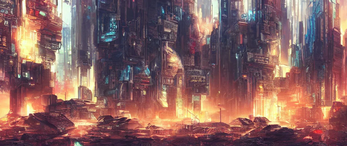 Image similar to a beautiful and detailed illustration of an explosion in a cyberpunk city in a canyon by , cinematic atmosphere, establishing shot