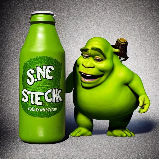 Prompt: an advertisement for a shrek soda, with the theme and taste of shrek , soda bottle with a small illustration based on the shrek pasted on the packaging, award winning, studio light, 4K