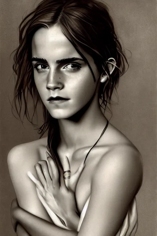 Image similar to emma watson gathered faille v - neck detailed portrait painting by gaston bussiere craig mullins j. c. leyendecker award winning photograph photorealsitic octane render photograph by richard avedon peter lindbergh monochrome studio lighting