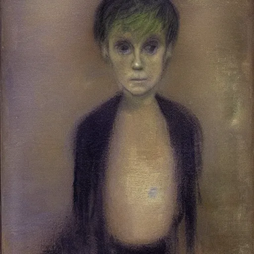 Prompt: violet, family guy by albert pinkham ryder. a beautiful land art. she looks up at me, up & down. she has short - cropped hair, & a scar on her left cheekbone : just a line of black against her deep tan, precise & geometrical. her eyes are pale green.