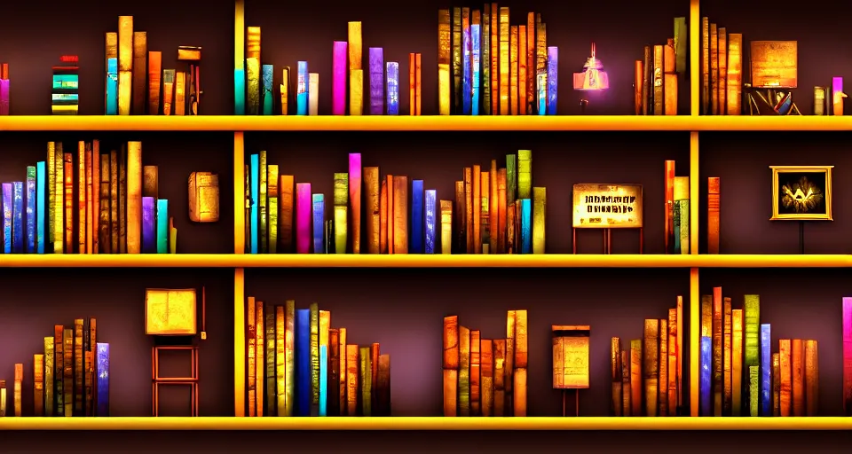 Prompt: a bookshelf of wonderful magical experiments, cinematic lighting, detailed, 4 k