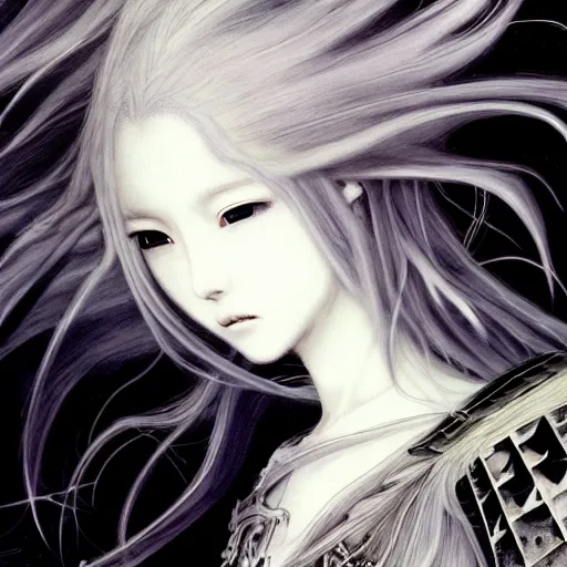 Image similar to yoshitaka amano blurred and dreamy realistic illustration of an anime girl with wavy white hair fluttering in the wind and cracks on her face wearing elden ring armour with the cape, abstract black and white patterns on the background, noisy film grain effect, highly detailed, renaissance oil painting, weird portrait angle