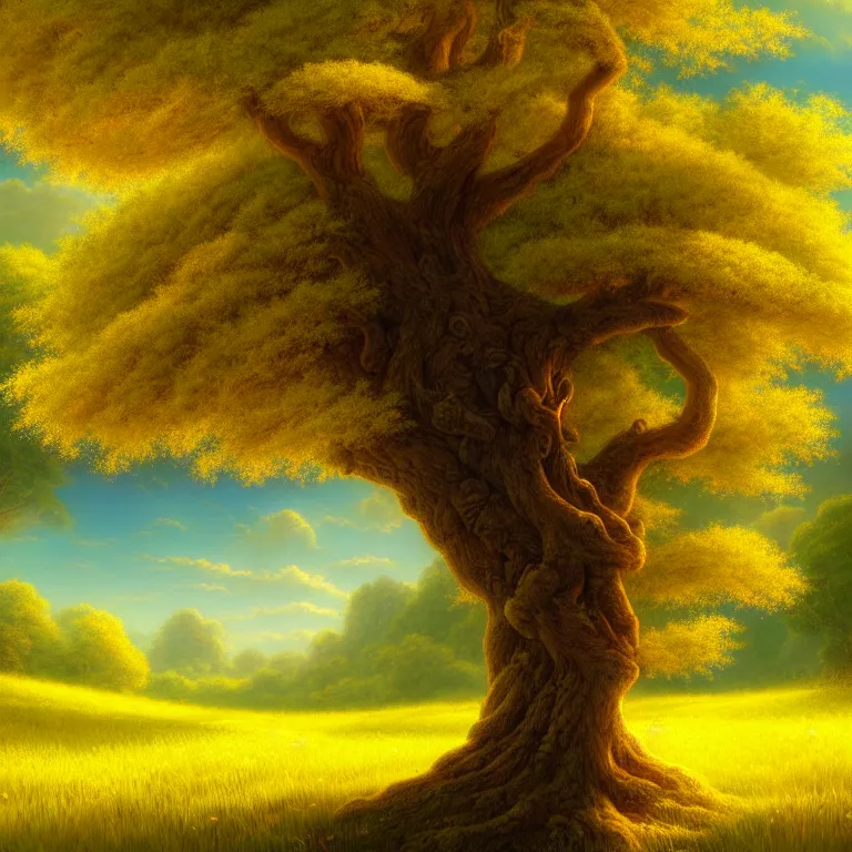 Prompt: tree with yellow, flowering canopy in a meadow by justin gerard, fantasy art, storybook illustration, 4 k