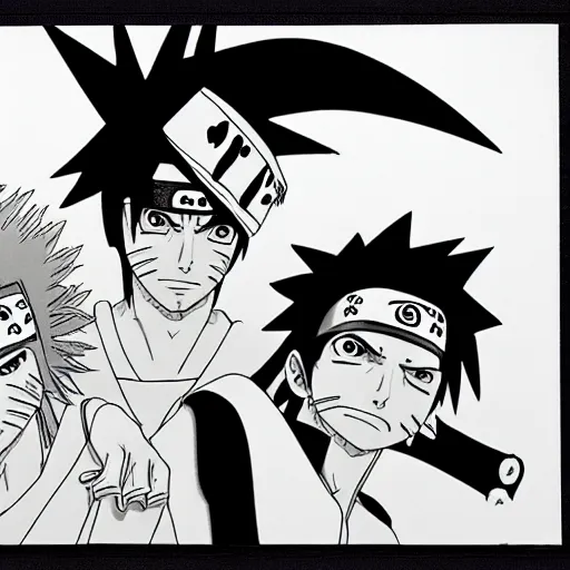 Prompt: Sasuke and Frank Zappa save Naruto manga panel award winning black and white art by Frank Zappa and Kishimoto highly detailed pen and ink matte painting