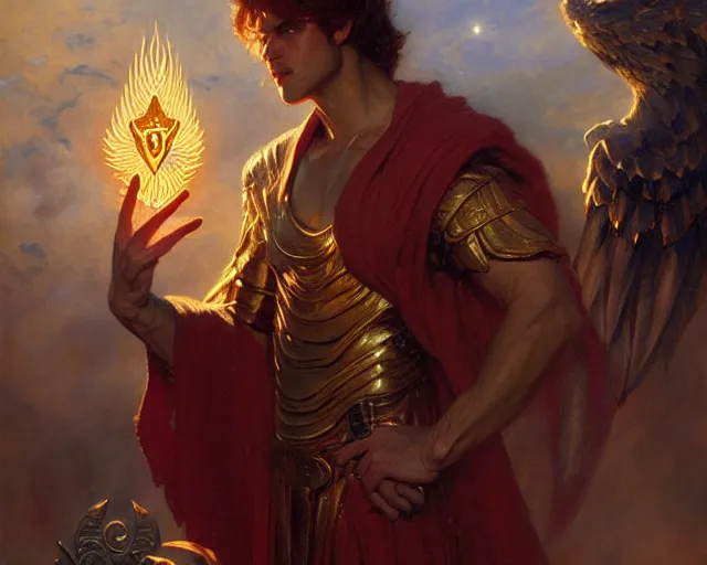 Image similar to attractive male deity, casting demonic magic, summoning handsome lucifer morning star. highly detailed painting by gaston bussiere, craig mullins, j. c. leyendecker 8 k