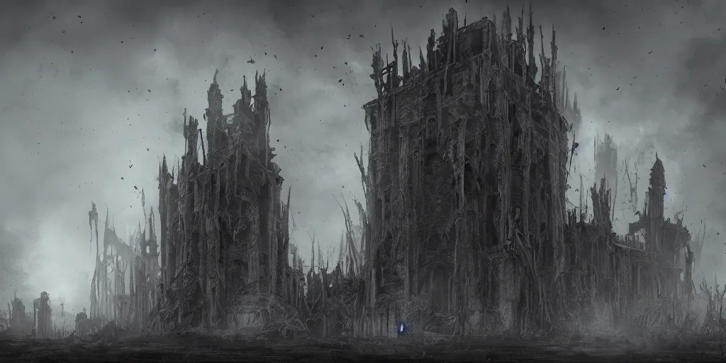 Prompt: grimdark chaos fortress, ruined, terrifying architecture, looming, dark, fog, dark souls, hyperrealistic, artstation