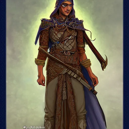 Image similar to Emeth the elven desert bandit. Arabian style. Epic portrait by james gurney and Alfonso mucha (lotr, witcher 3, dnd, dragon age, gladiator, scoia'tael).