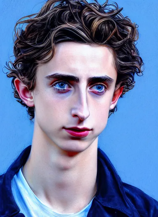 Image similar to hyperrealistic close-up TIMOTHEE CHALAMET with long BLONDE hair & blue eyes! highly detailed concept art eric zener elson peter cinematic hard blue lighting high angle hd 8k sharp shallow depth of field, inspired by David Paul Cronenberg and Zdzisław Beksiński