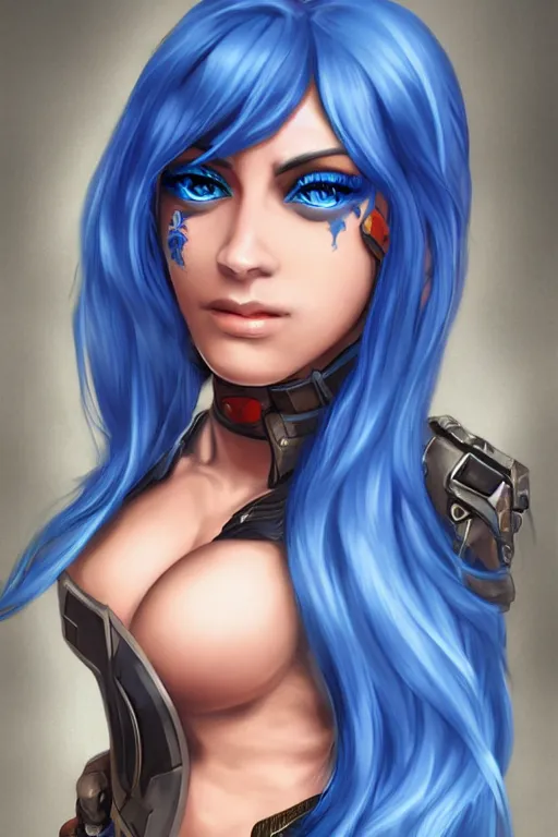 Image similar to female mercenary guard, bright blue hair, pretty face, ultra detailed, digital art, 8k ,character ,realistic, portrait, hyperrealistic
