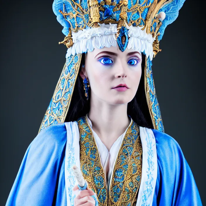 Prompt: photograph of a real-life beautiful sky witch with ornate white and blue robes and staff. Extremely detailed. 8k