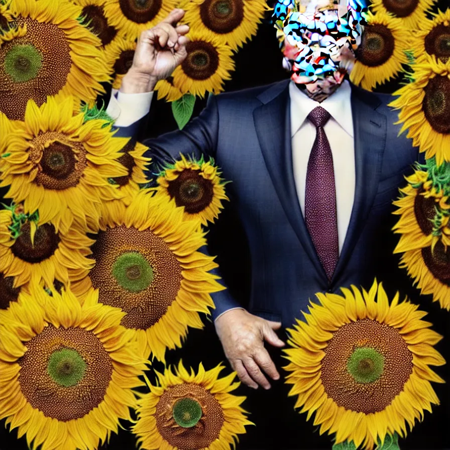 Image similar to photo portrait of Vladimir Putin - sunflowers - dressed in suit with intricate ornamental sunflower and tombstone for a tie, natural skin tone, highly detailed realistic flowers ornament in the upper side of breast, hair and wrinkles are intricate with highly detailed realistic flowers, elegant, Realistic, Refined, Highly Detailed, natural soft pastel lighting colors scheme, fine art photography by Cecil Beaton, volumetric lighting, hyper realistic photography