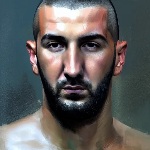 Image similar to A realistic hyperdetailed wide-shot digital oil portrait painting of an benzema in the style of Guy Denning, Ruan Jia, and Craig Mullins. Trending on ArtStation, DeviantArt, and Instagram. CGSociety Digital art. benzema.