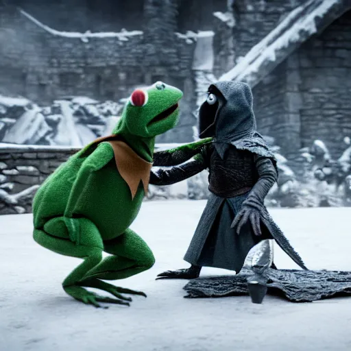 Image similar to first shot of kermit the frog fighting the night king in game of thrones, ( eos 5 ds r, iso 1 0 0, f / 8, 1 / 1 2 5, 8 4 mm, postprocessed, crisp face, facial features )