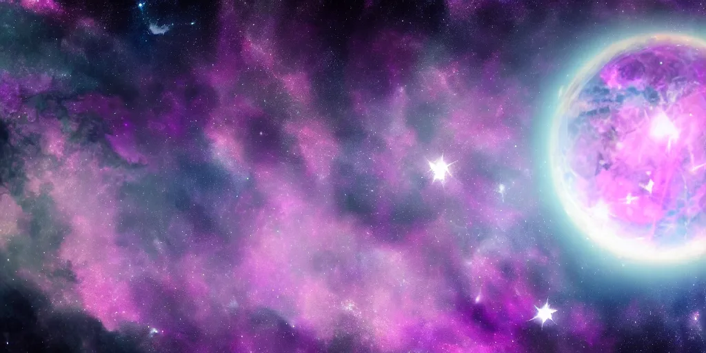 Image similar to magenta amethyst planet with falling spaceship above, 🌌, sparkling stars, kaleidoscopic, 8k, high detail, wide shot