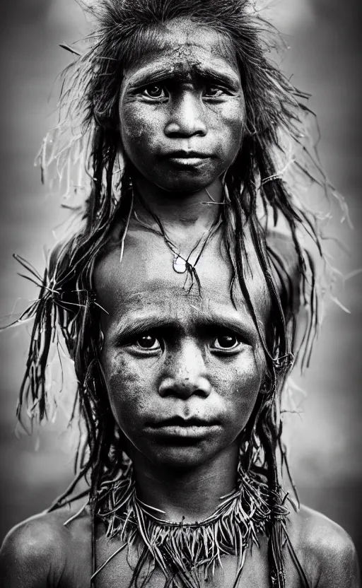 Image similar to Award winning Editorial photo of a Native Kiribati with incredible hair and beautiful hyper-detailed eyes wearing traditional garb with a Bokikokiko by Lee Jeffries, 85mm ND 5, perfect lighting, gelatin silver process