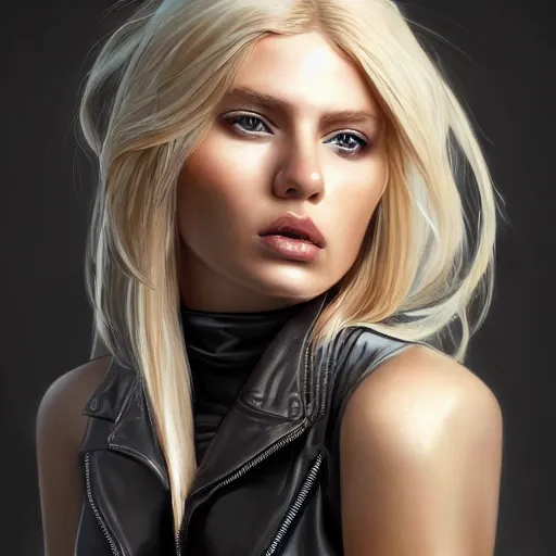 Image similar to a painting of a blonde female wearing a skintight leather jacket tied up in a chair, full view, popular on artstation, artstationhd, artstationhq 8 k, volumetric lighting, trending on artstation, artstationhd, artstationhq, ultra detailed, detailed face, by artgerm and james gurney, greg rutkowski