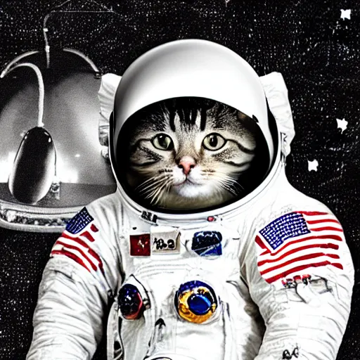 Image similar to astronaut cat on board the sputnik 2, realistic, photo, detailed, patriotic