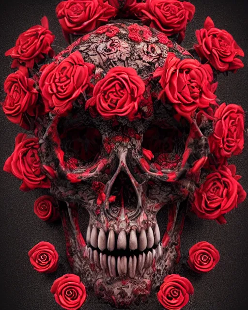 Image similar to skull made of red roses, organic horror, devil, death, giger, epic, baroque, art nouveau, james jean, photorealistic render, 3 ds max + v - ray, extremely detailed and intricate, center composition, elegant, vfx, unreal engine 5, octane render, extremely contrast, extremely sharp lines