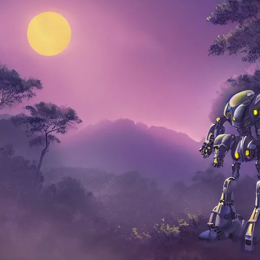 Prompt: battered down rough mecha robot with a soul looking through a balcony into the forest during a beautiful sunset, jungle mountains in the background with immense trees, highly detailed, trending on art station, flying birds in the distance