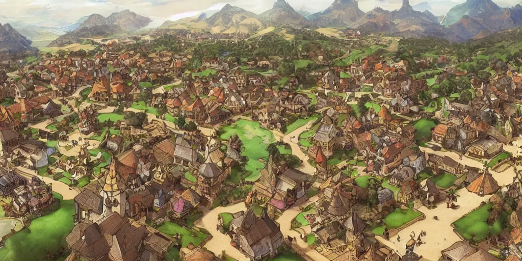 Image similar to medieval village overview in moving out game on nintendo switch. artwork by artgerm and mucha and norman lindsay