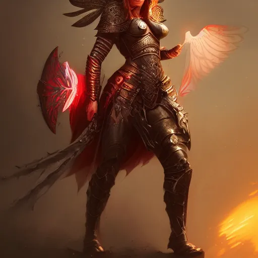 Prompt: a epic illustration of a tall female warrior with massive plate armour by Stanley Artgerm Lau, Diego Gisbert Llorens, Mark Brooks, Charlie Bowater, no helmet, big white glowing wings, long red hair, insanely detailed and intricate, vivid and vibrant, highly detailed, cinematic lighting, concept art, artstation