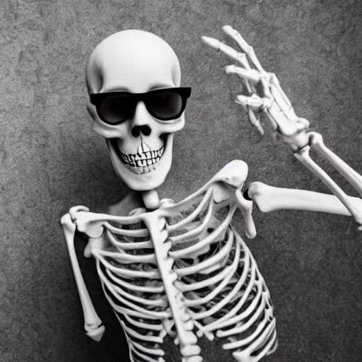 Prompt: a skeleton in sunglasses dancing, artistic photography, f stop, iso, gray dungeon background, very realistic