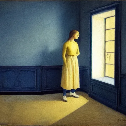 Image similar to close up of a girl in a blue and gold haunted liminal abandoned room, watercolor by hammershøi, art noveau, highly detailed, lights by edward hopper, liminal, eerie, bright pastel colors