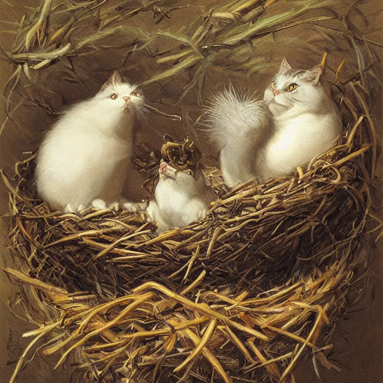 Prompt: a plump cartoon cat with feathers sitting in a bird nest by Justin Gerard