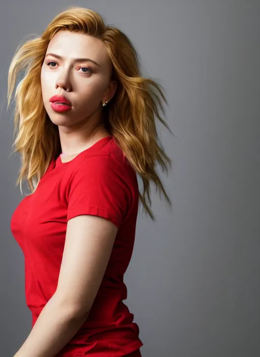 Image similar to portrait of scarlet johansson wearing a red t shirt and short jeans, by charlotte grimm, natural light, detailed face, beautiful features, symmetrical, canon eos c 3 0 0, ƒ 1. 8, 3 5 mm, 8 k, medium - format print, half body shot