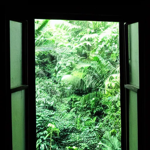 Image similar to A dslr picture with flash on of a window from in 2007, tropical rainforest outside