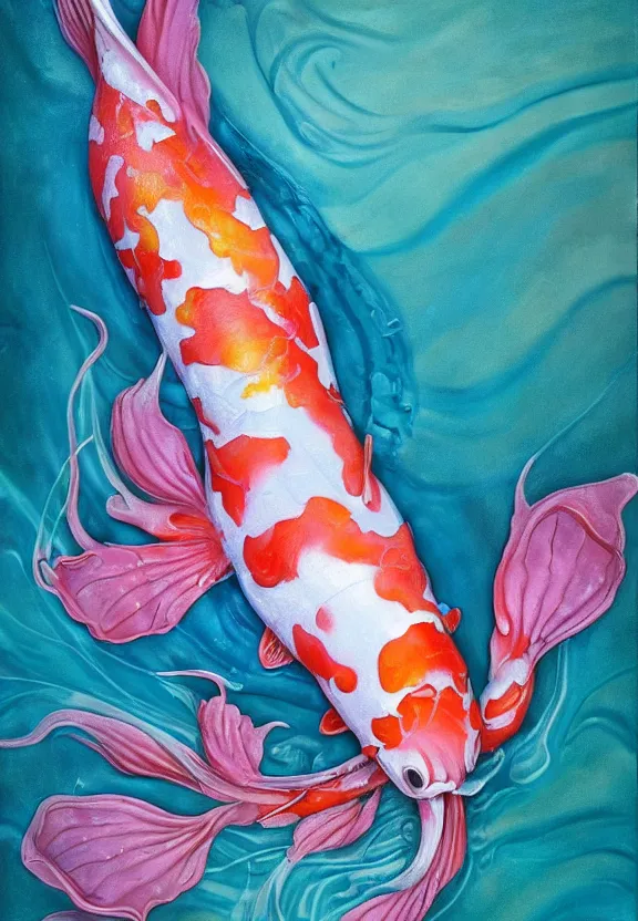 Image similar to a biomorphic painting of a koi, flower, surrealist painting by krenz cushart and dorothea tanning, pastel blues and pinks, melting, plastic, featured on artstation, tentacles, pink bees, metaphysical painting, oil on canvas, fluid acrylic pour art, airbrush art, concept art hyper realistic, rococo, lovecraftian