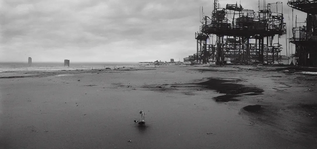 Image similar to apocaliptic Portrait of the city of Mar del Plata with a offshore oil dripping , by stephen Shore, epic composition 35mm