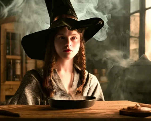 Image similar to close up portrait, dramatic lighting, concentration, calm confident teen witch and her cat mixing a spell in a cauldron, a little smoke fills the air, a witch hat and cape, a little green smoke is coming out of the cauldron, ingredients on the table, apothecary shelves in the background, still from harry potter