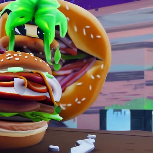 Prompt: hybrid from fortnite eating a big mac